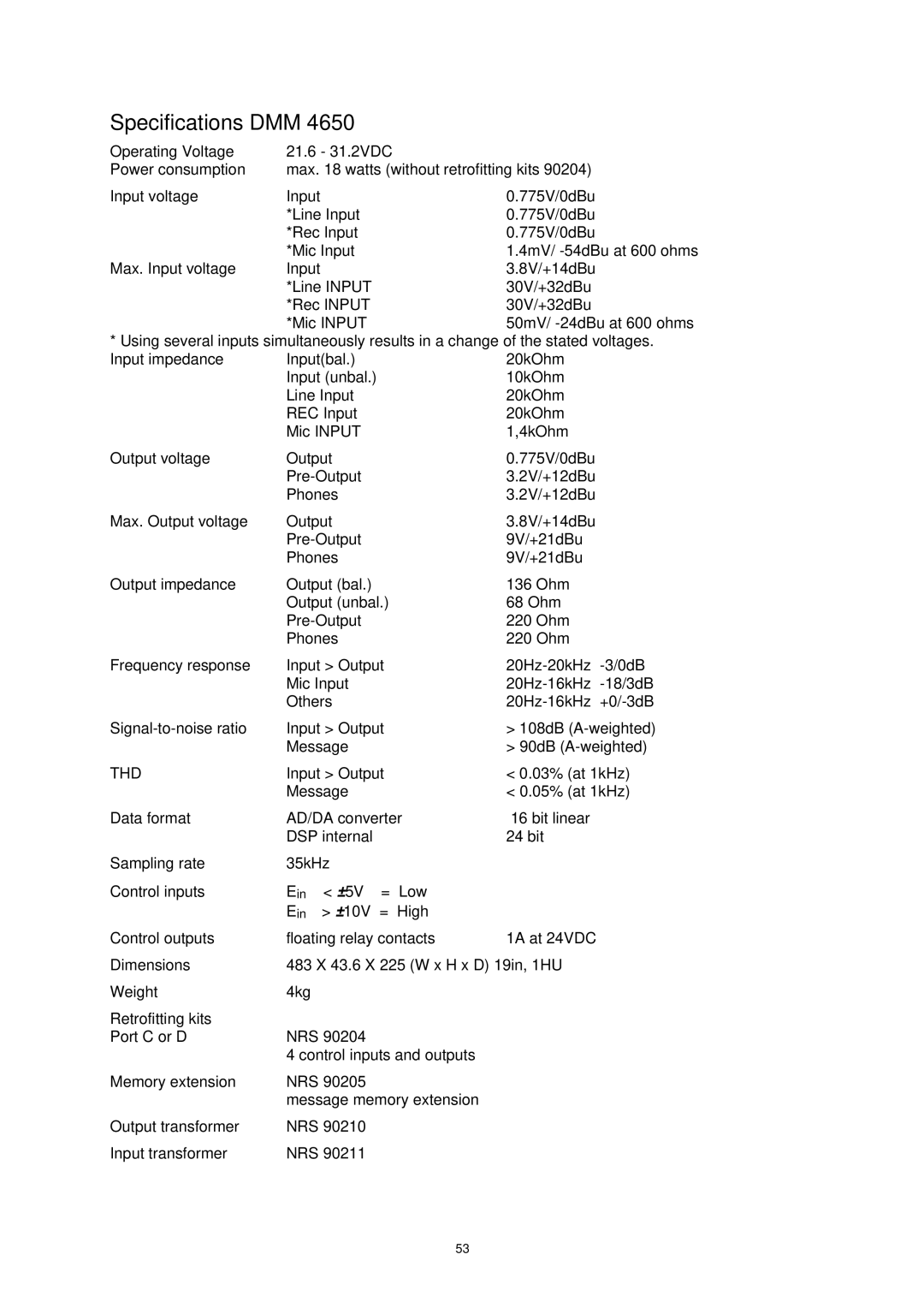 Dynacord DMM 4650 owner manual Specifications DMM 