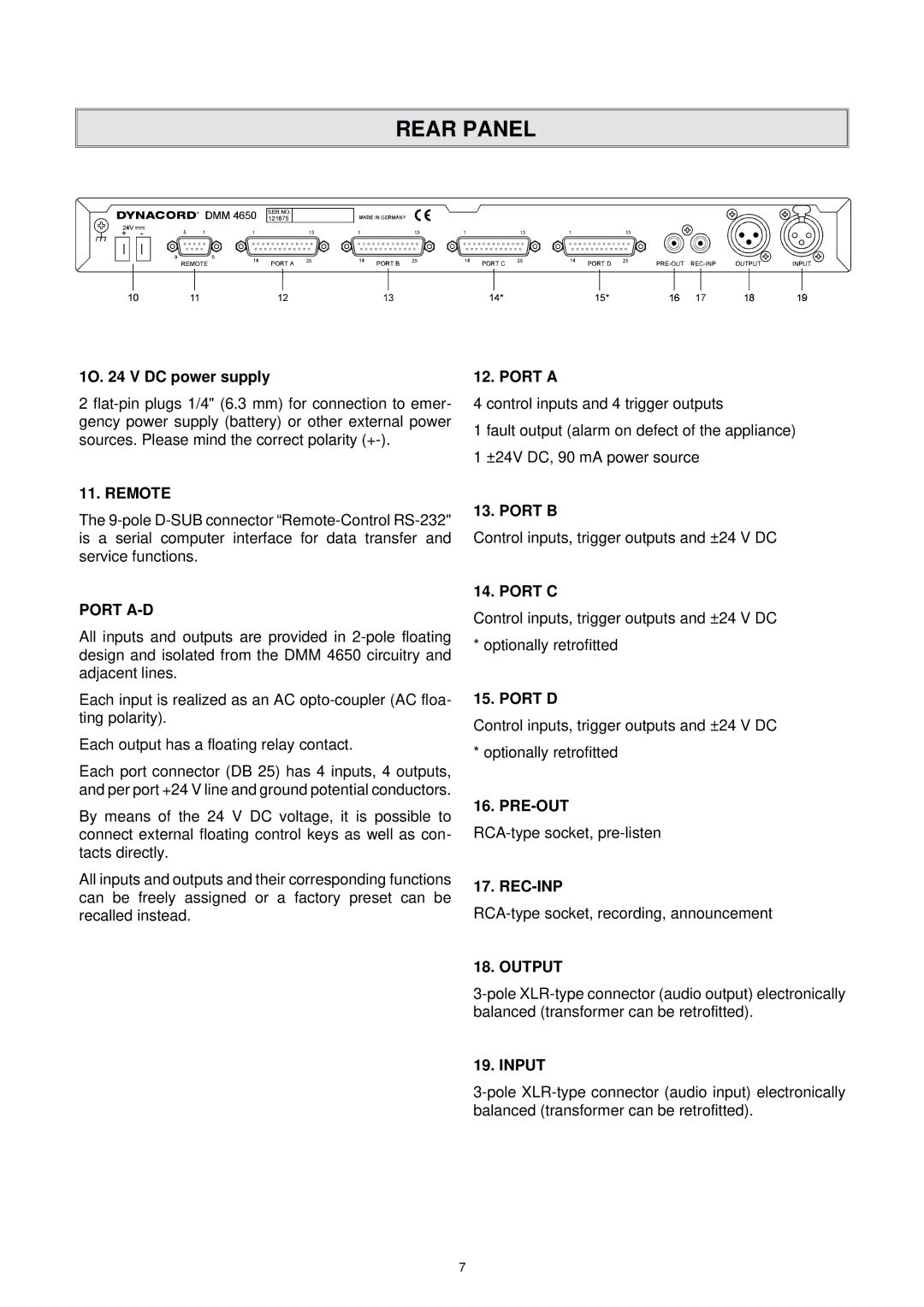 Dynacord DMM 4650 owner manual Rear Panel 