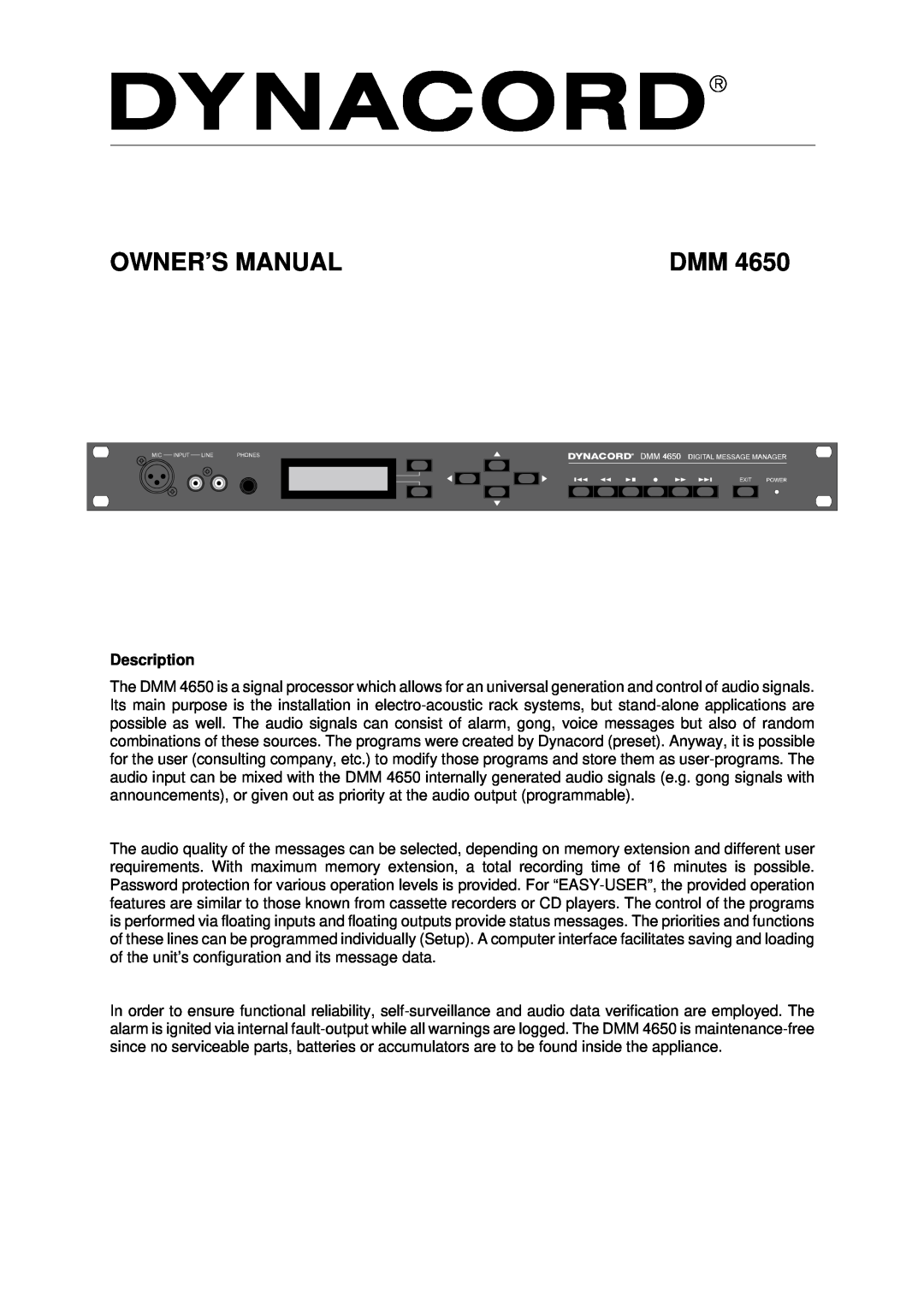 Dynacord DMM 4650 owner manual Owner’S Manual, Description 