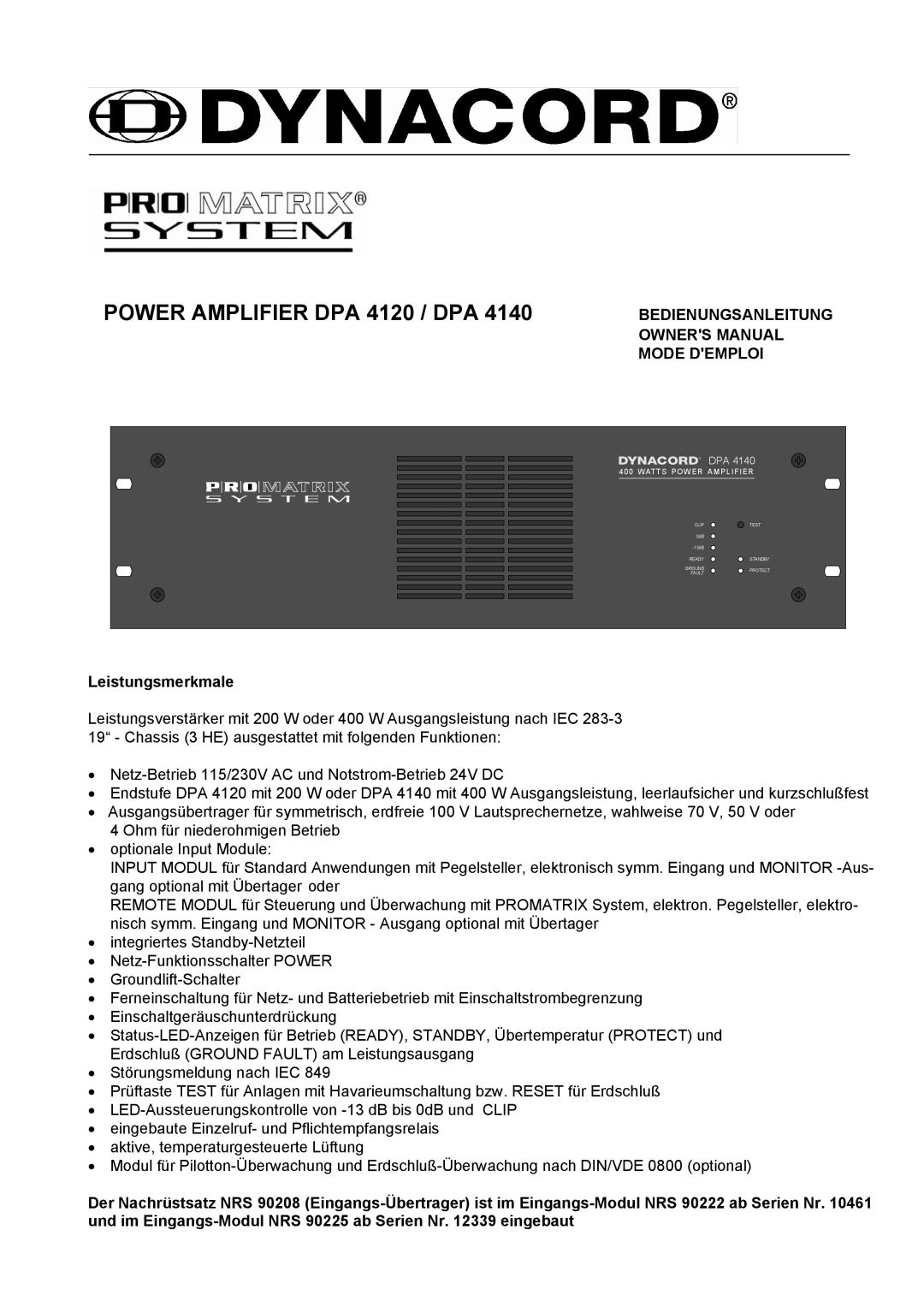 Dynacord DPA 4140 owner manual Power Amplifier DPA 4120 / DPA, Leistungsmerkmale 