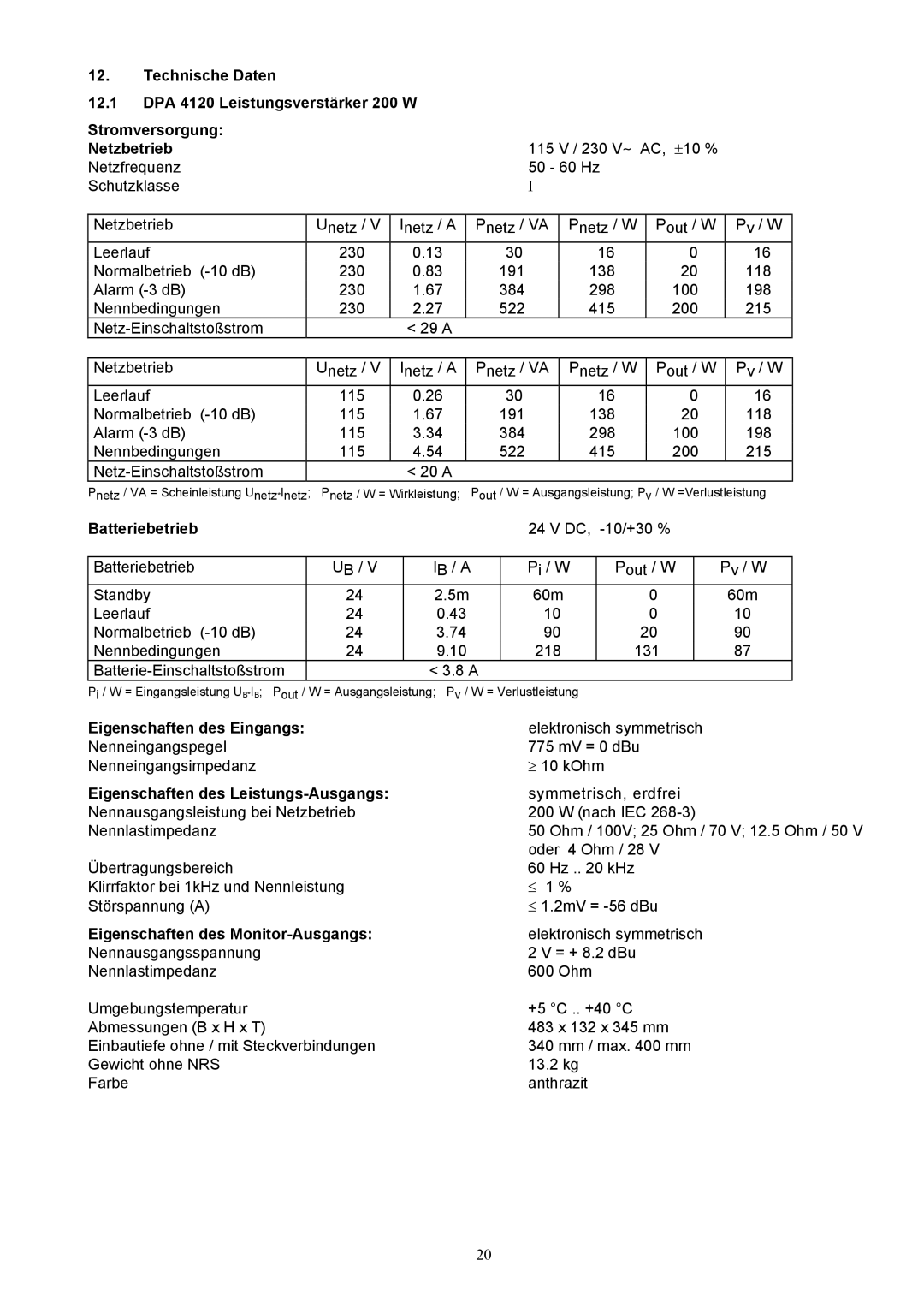 Dynacord DPA 4140, DPA 4120 owner manual Batteriebetrieb, Eigenschaften des Eingangs, Eigenschaften des Leistungs-Ausgangs 