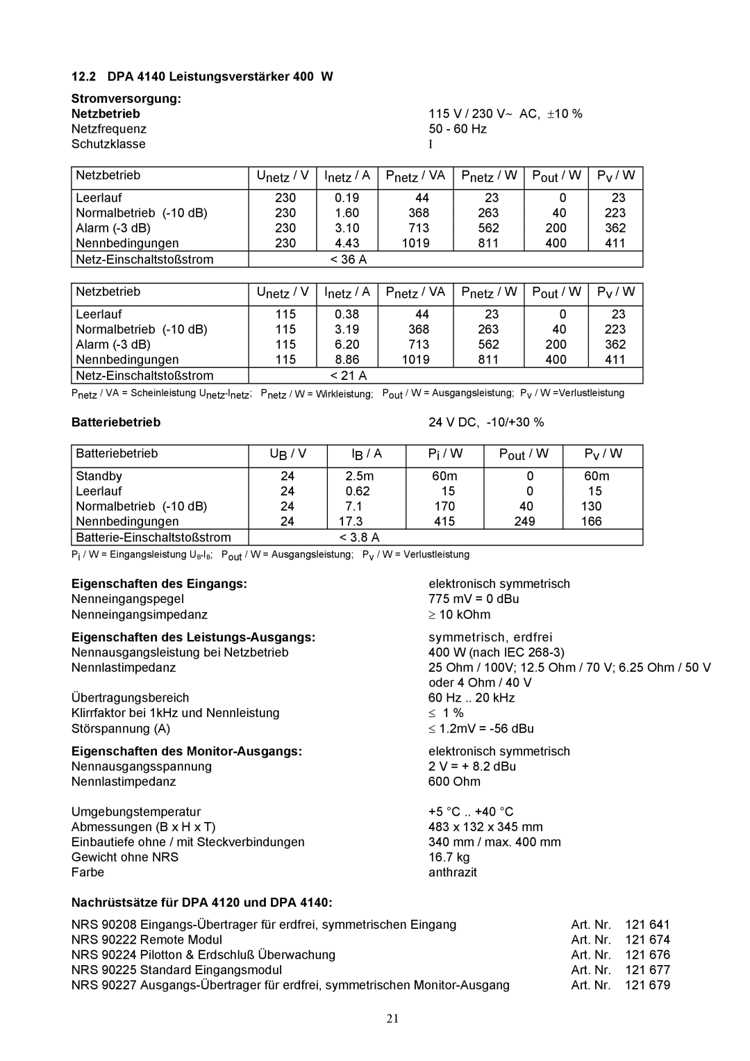 Dynacord DPA 4140 owner manual Nachrüstsätze für DPA 4120 und DPA 