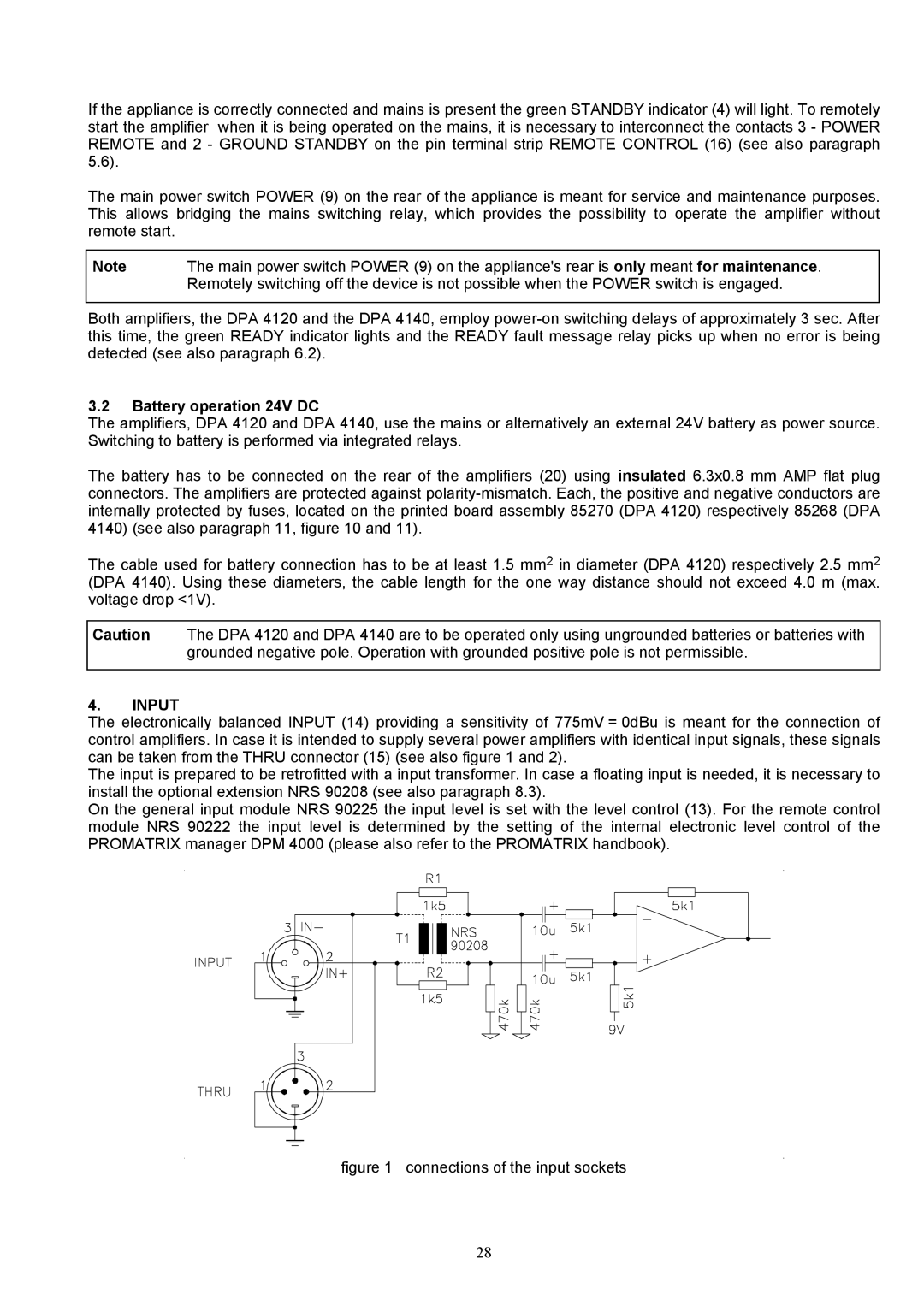 Dynacord DPA 4140, DPA 4120 owner manual Battery operation 24V DC, Input 