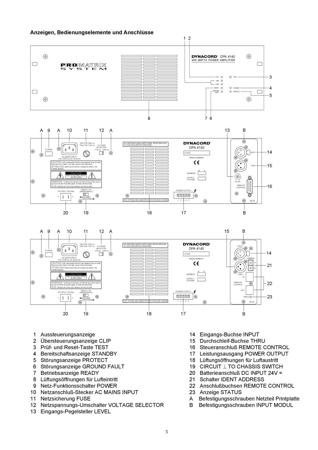 Dynacord DPA 4120, DPA 4140 owner manual Anzeigen, Bedienungselemente und Anschlüsse, Dpa 