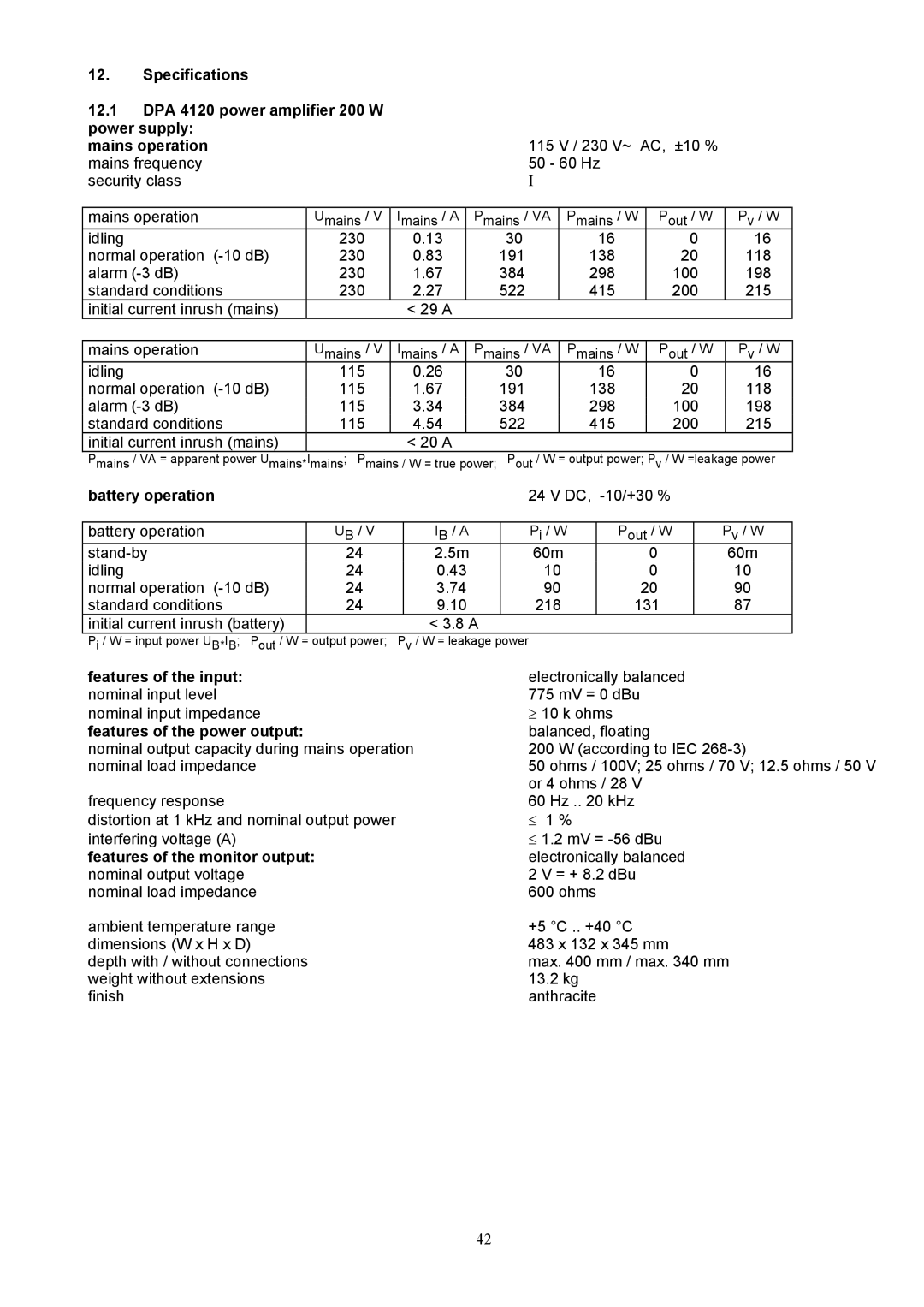 Dynacord DPA 4140, DPA 4120 owner manual Battery operation, Features of the input nominal input level 