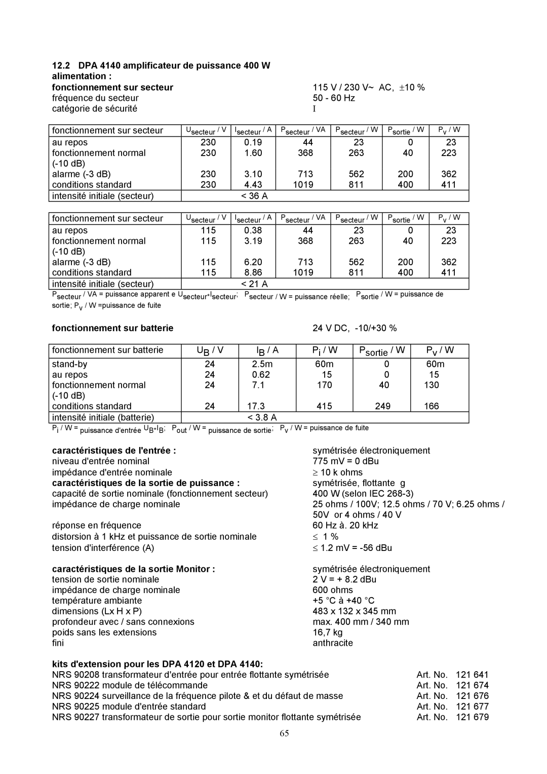 Dynacord DPA 4140 owner manual Kits dextension pour les DPA 4120 et DPA 