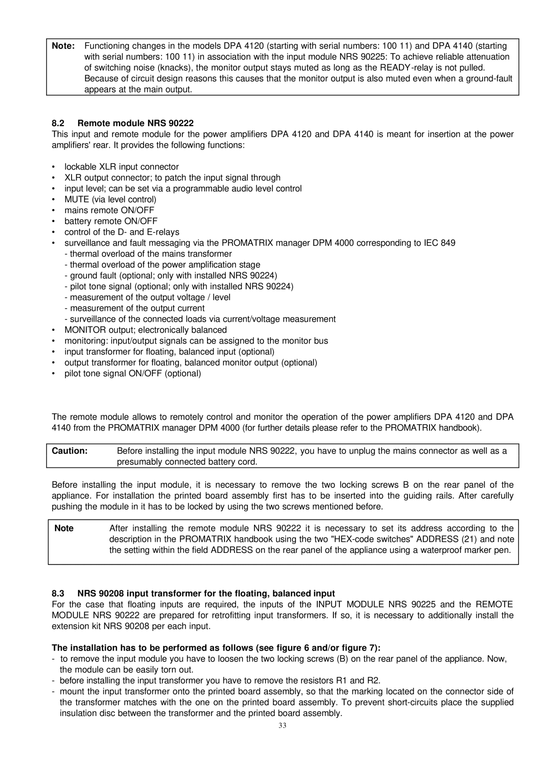 Dynacord DPA 4120, DPA 4140 owner manual Remote module NRS, NRS 90208 input transformer for the floating, balanced input 
