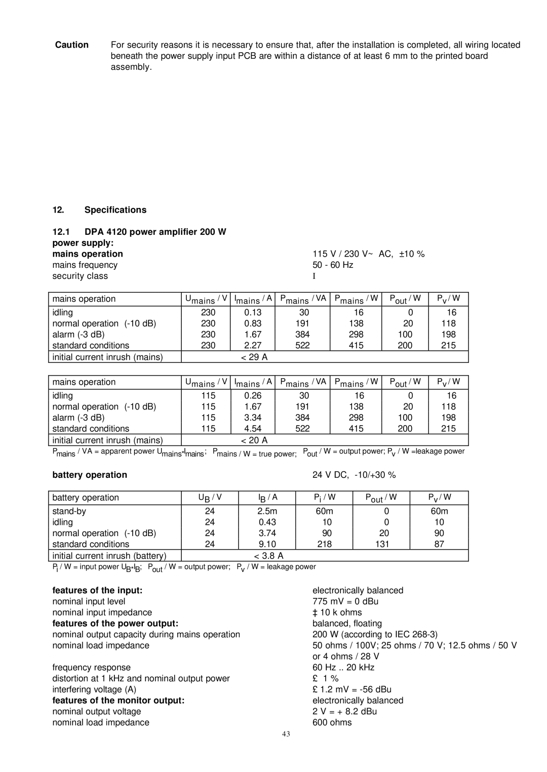 Dynacord DPA 4120, DPA 4140 owner manual Battery operation 