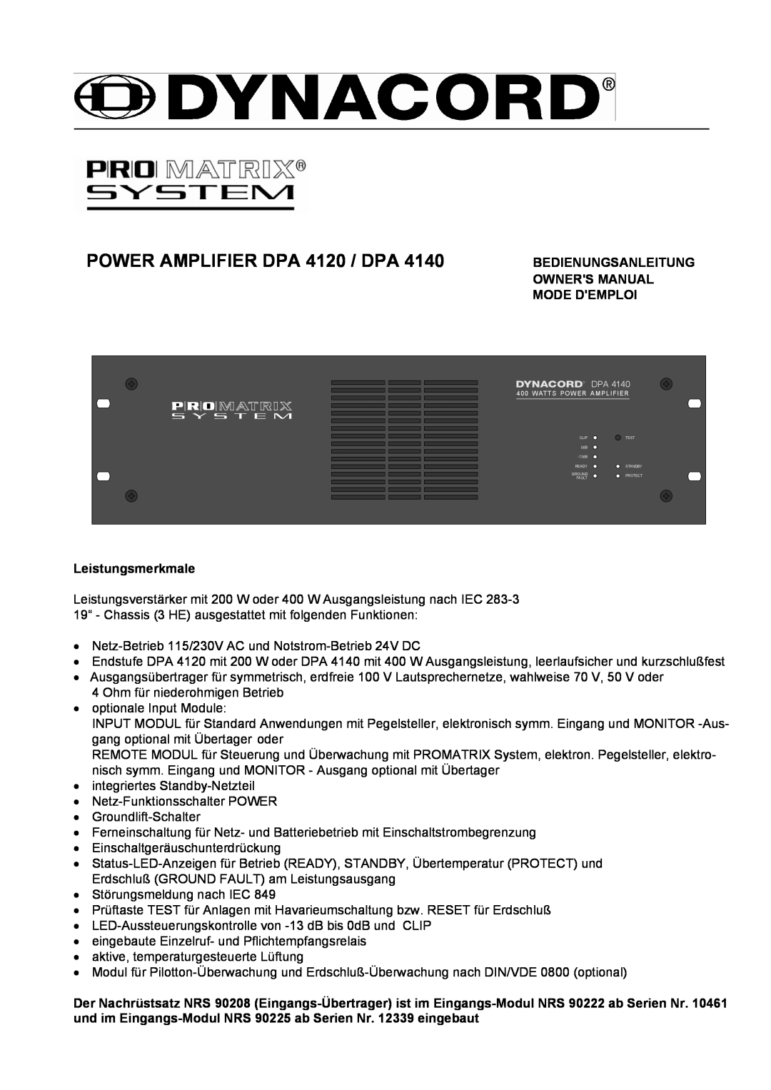 Dynacord DPA 4140 owner manual POWER AMPLIFIER DPA 4120 / DPA, Leistungsmerkmale 