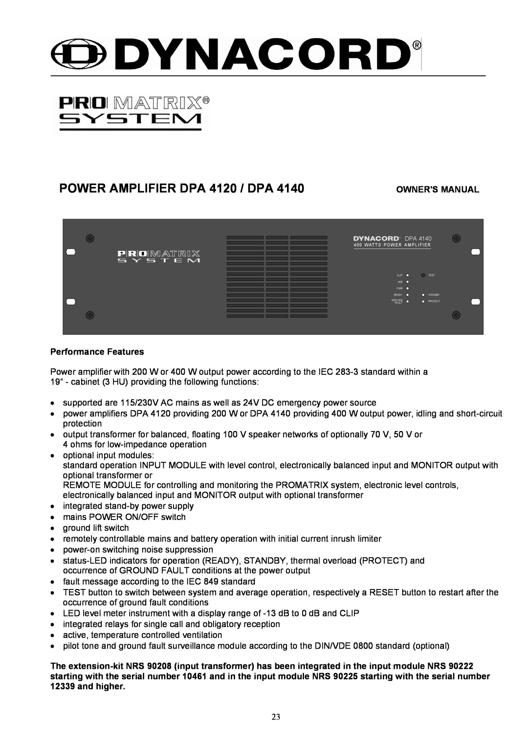 Dynacord DPA 4140 owner manual Performance Features, POWER AMPLIFIER DPA 4120 / DPA 
