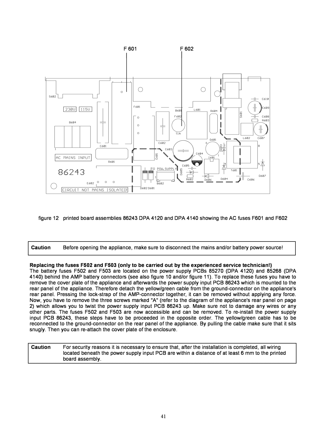 Dynacord owner manual printed board assemblies 86243 DPA 4120 and DPA 4140 showing the AC fuses F601 and F602 