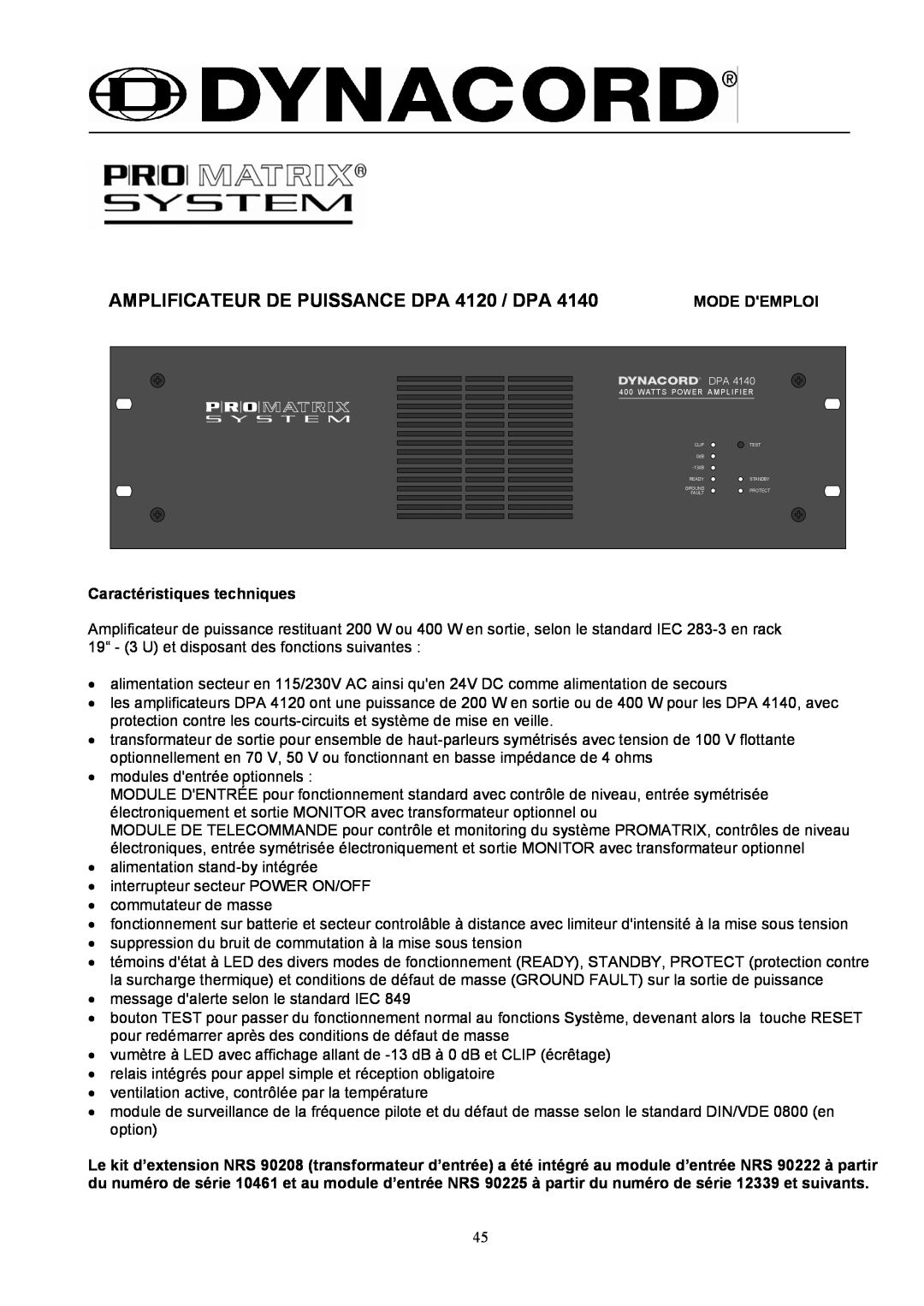Dynacord DPA 4140 owner manual AMPLIFICATEUR DE PUISSANCE DPA 4120 / DPA, Mode Demploi, Caractéristiques techniques 