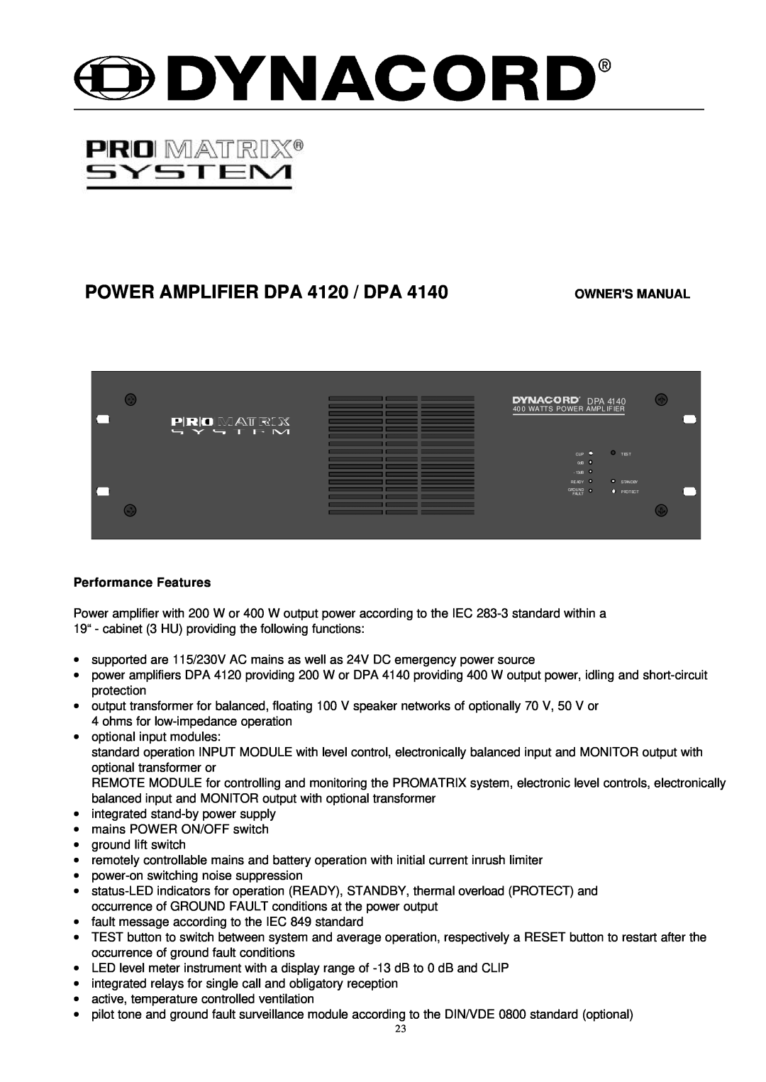 Dynacord DPA 4140 owner manual Performance Features, POWER AMPLIFIER DPA 4120 / DPA 