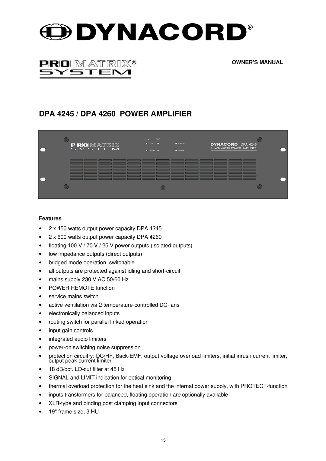 Dynacord owner manual DPA 4245 / DPA 4260 Power Amplifier, Features 