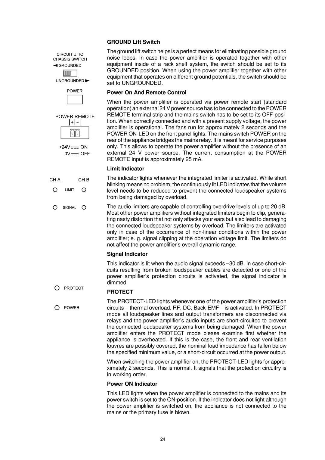 Dynacord DPA 4245 Ground Lift Switch, Power On And Remote Control, Limit Indicator, Signal Indicator, Power on Indicator 