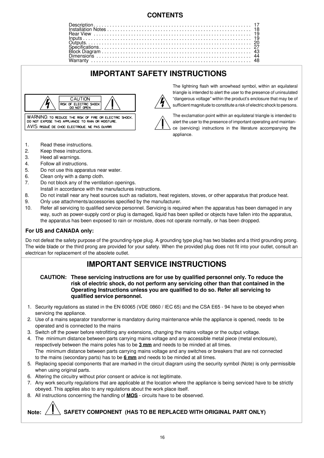 Dynacord DPA 4245, DPA 4260 owner manual Important Safety Instructions 