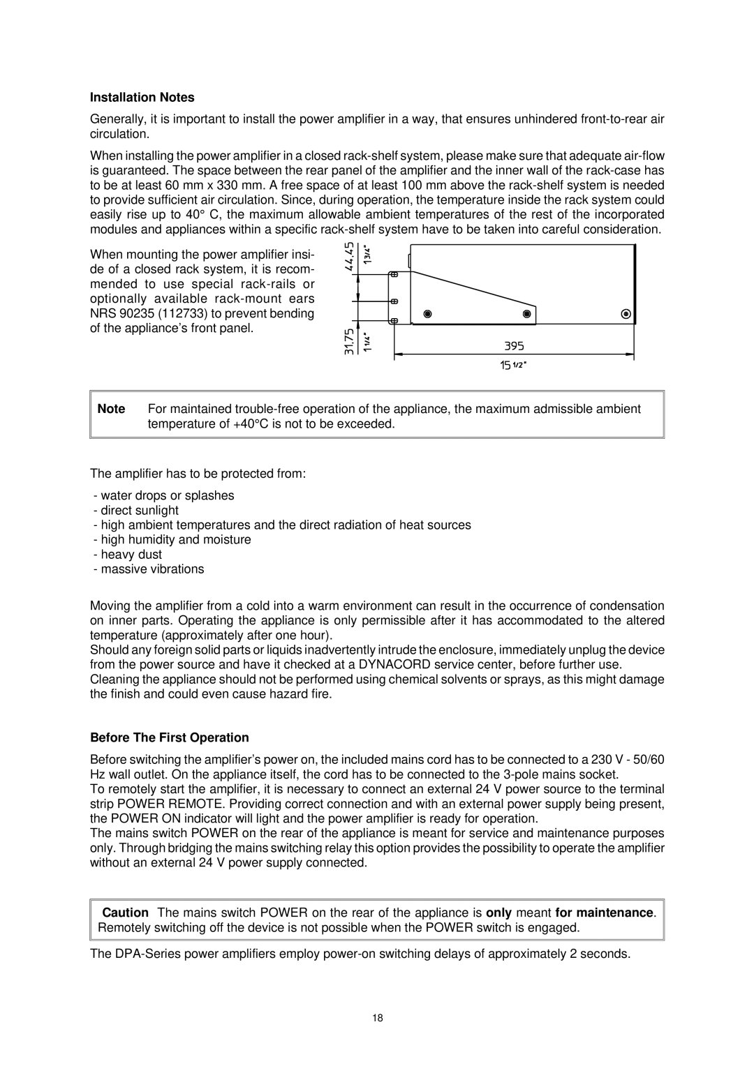 Dynacord DPA 4245, DPA 4260 owner manual Installation Notes, Before The First Operation 