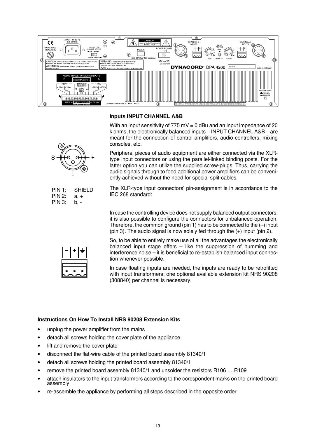 Dynacord DPA 4260, DPA 4245 owner manual Inputs Input Channel A&B, Instructions On How To Install NRS 90208 Extension Kits 