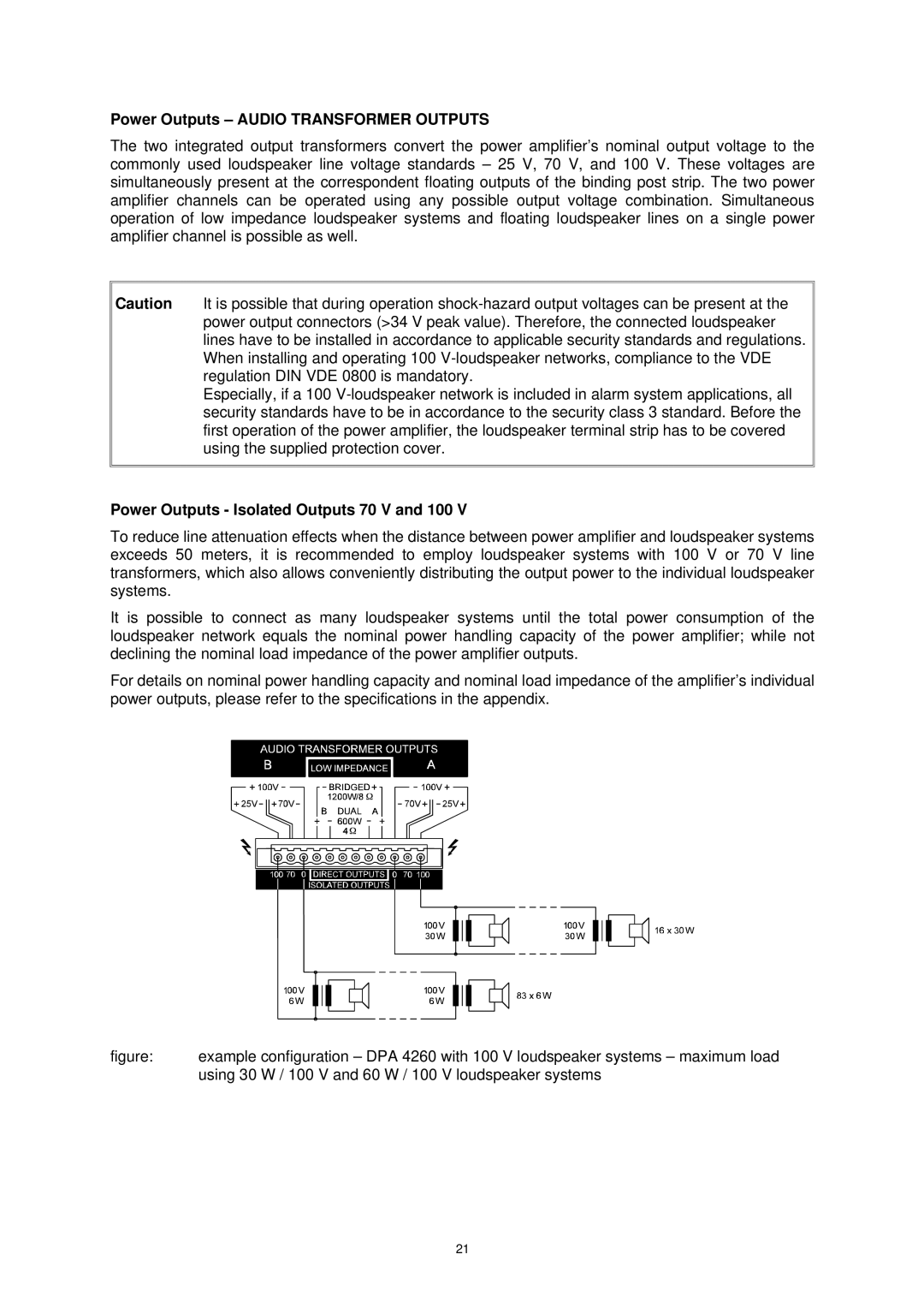 Dynacord DPA 4260, DPA 4245 Power Outputs Audio Transformer Outputs, Power Outputs Isolated Outputs 70 V and 100 