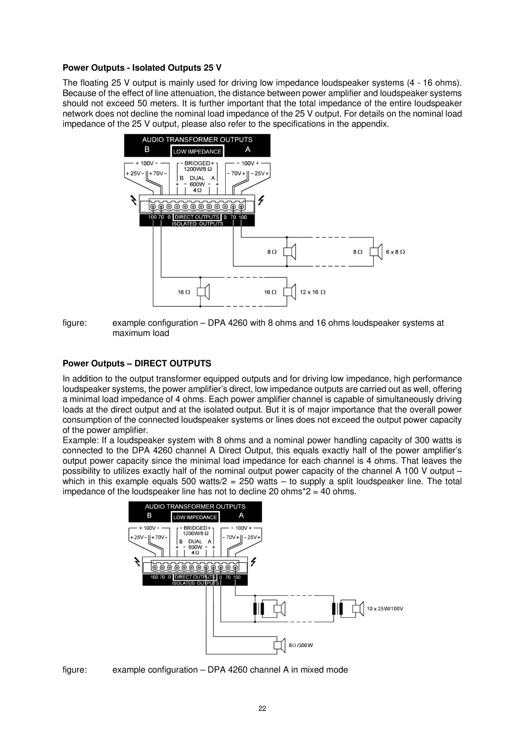 Dynacord DPA 4245, DPA 4260 owner manual Power Outputs Isolated Outputs 25, Power Outputs Direct Outputs 