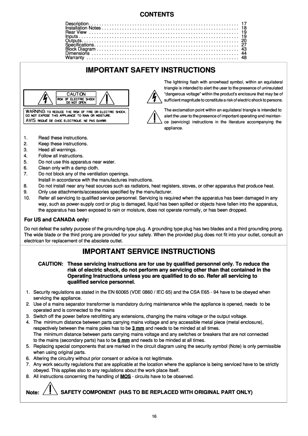 Dynacord DPA 4245 Important Safety Instructions, Important Service Instructions, Contents, For US and CANADA only 