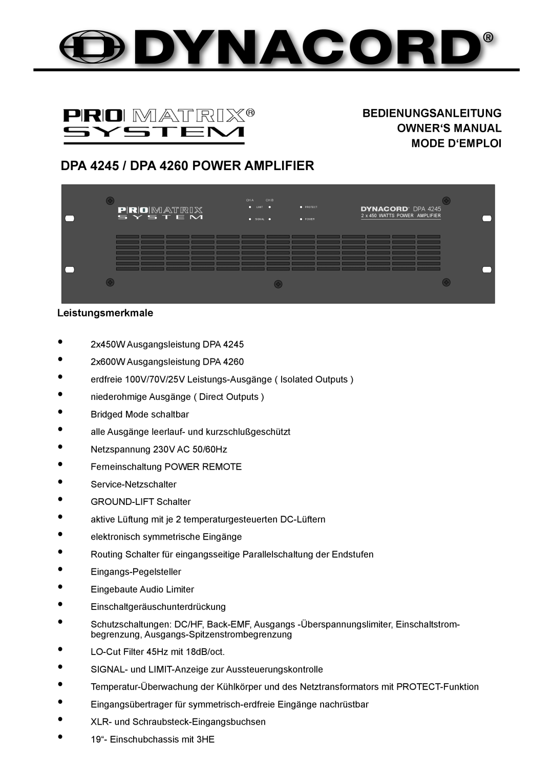 Dynacord owner manual DPA 4245 / DPA 4260 POWER AMPLIFIER, Bedienungsanleitung Owner‘S Manual Mode D‘Emploi 