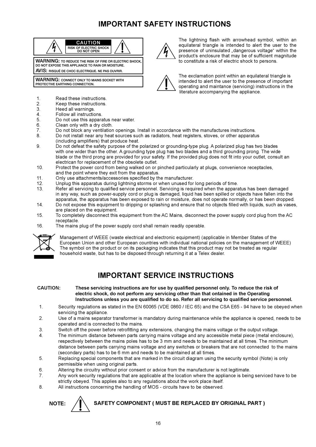 Dynacord DPA 4245, DPA 4260 owner manual Important Safety Instructions, Important Service Instructions 