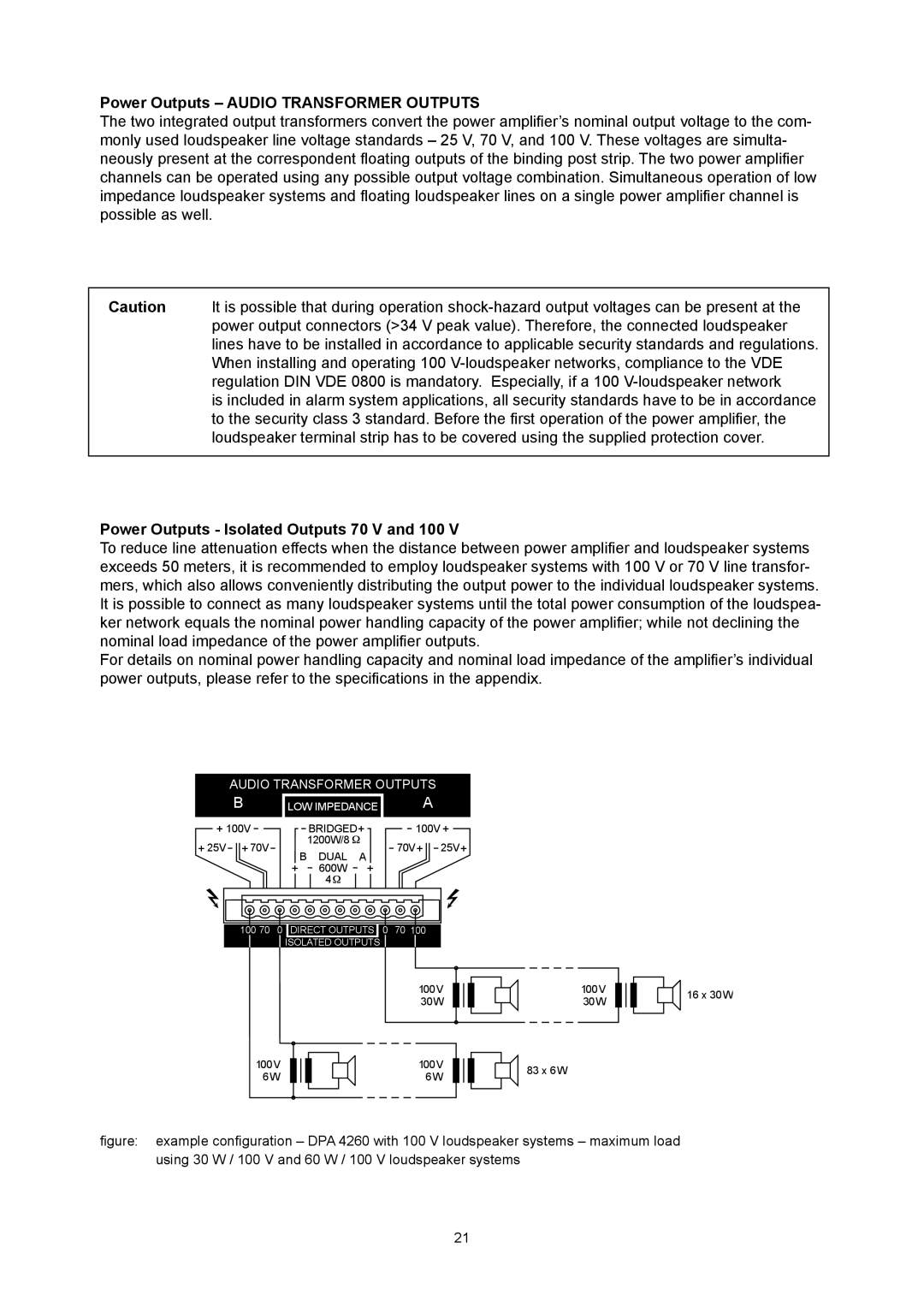 Dynacord DPA 4260, DPA 4245 Power Outputs - AUDIO TRANSFORMER OUTPUTS, Power Outputs - Isolated Outputs 70 V and 