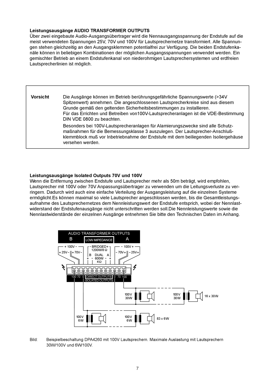 Dynacord DPA 4260, DPA 4245 Leistungsausgänge AUDIO TRANSFORMER OUTPUTS, Leistungsausgänge Isolated Outputs 70V und 