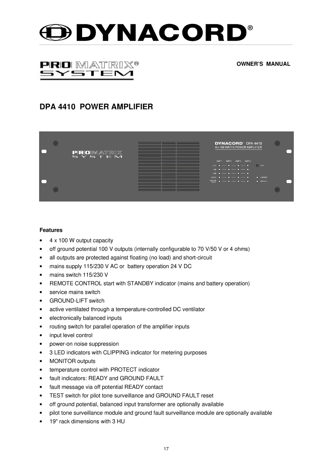 Dynacord dimensions DPA 4410 Power Amplifier, Features 