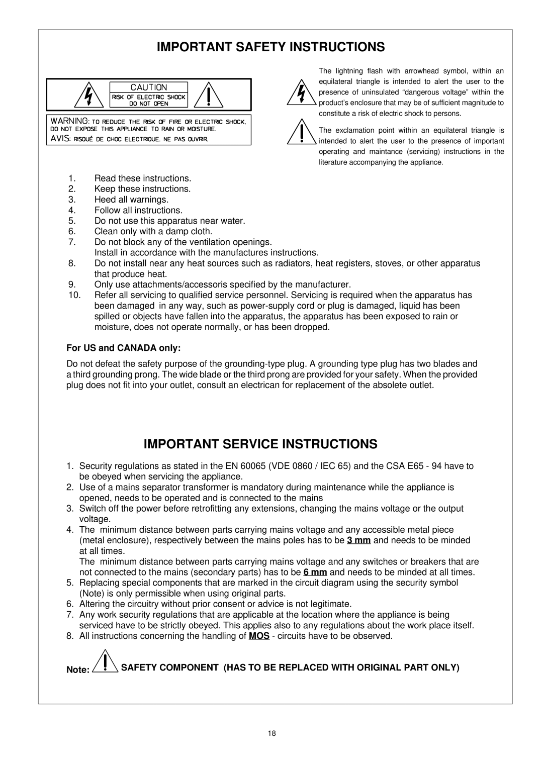 Dynacord DPA 4410 dimensions For US and Canada only, Safety Component has to be Replaced with Original Part only 