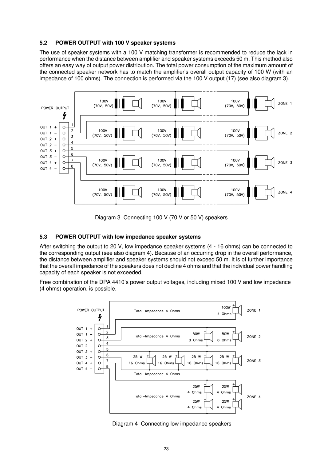 Dynacord DPA 4410 dimensions Power Output with 100 V speaker systems, Power Output with low impedance speaker systems 