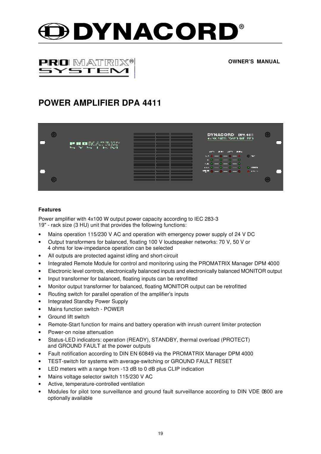 Dynacord DPA 4411 owner manual Power Amplifier DPA, Features 