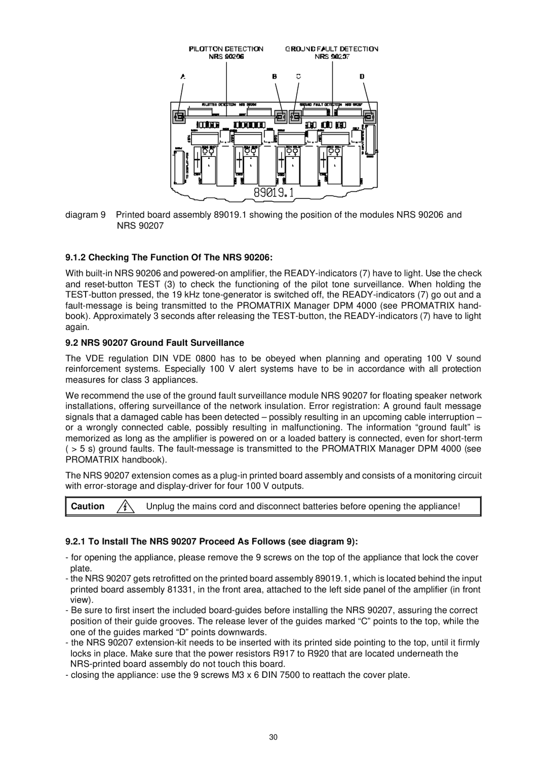 Dynacord DPA 4411 owner manual Checking The Function Of The NRS, NRS 90207 Ground Fault Surveillance 