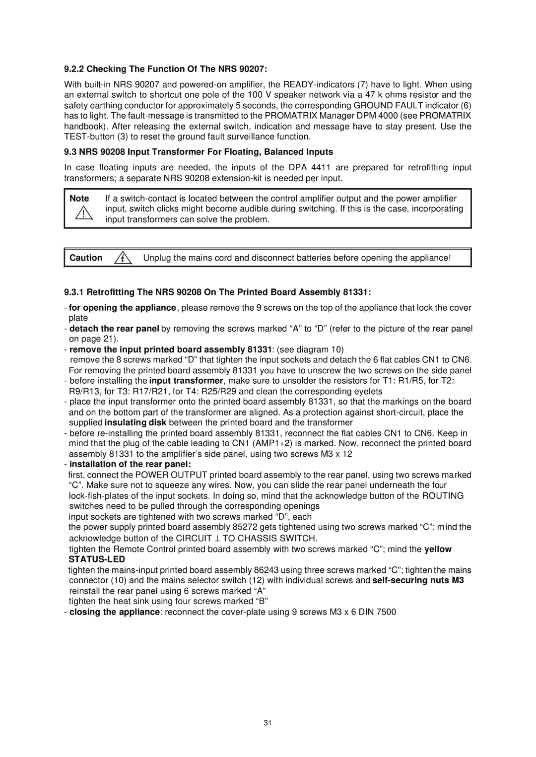 Dynacord DPA 4411 owner manual NRS 90208 Input Transformer For Floating, Balanced Inputs, Installation of the rear panel 