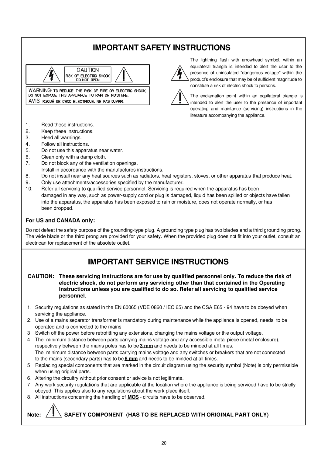 Dynacord DPA 4411 owner manual Important Safety Instructions, For US and Canada only 