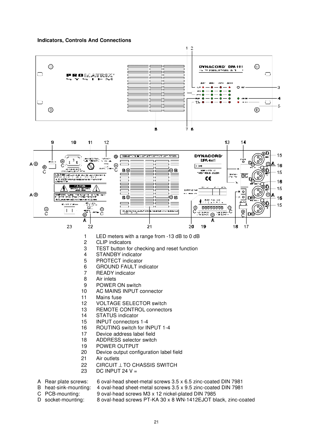 Dynacord DPA 4411 owner manual Indicators, Controls And Connections, Circuit ⊥ to Chassis Switch 