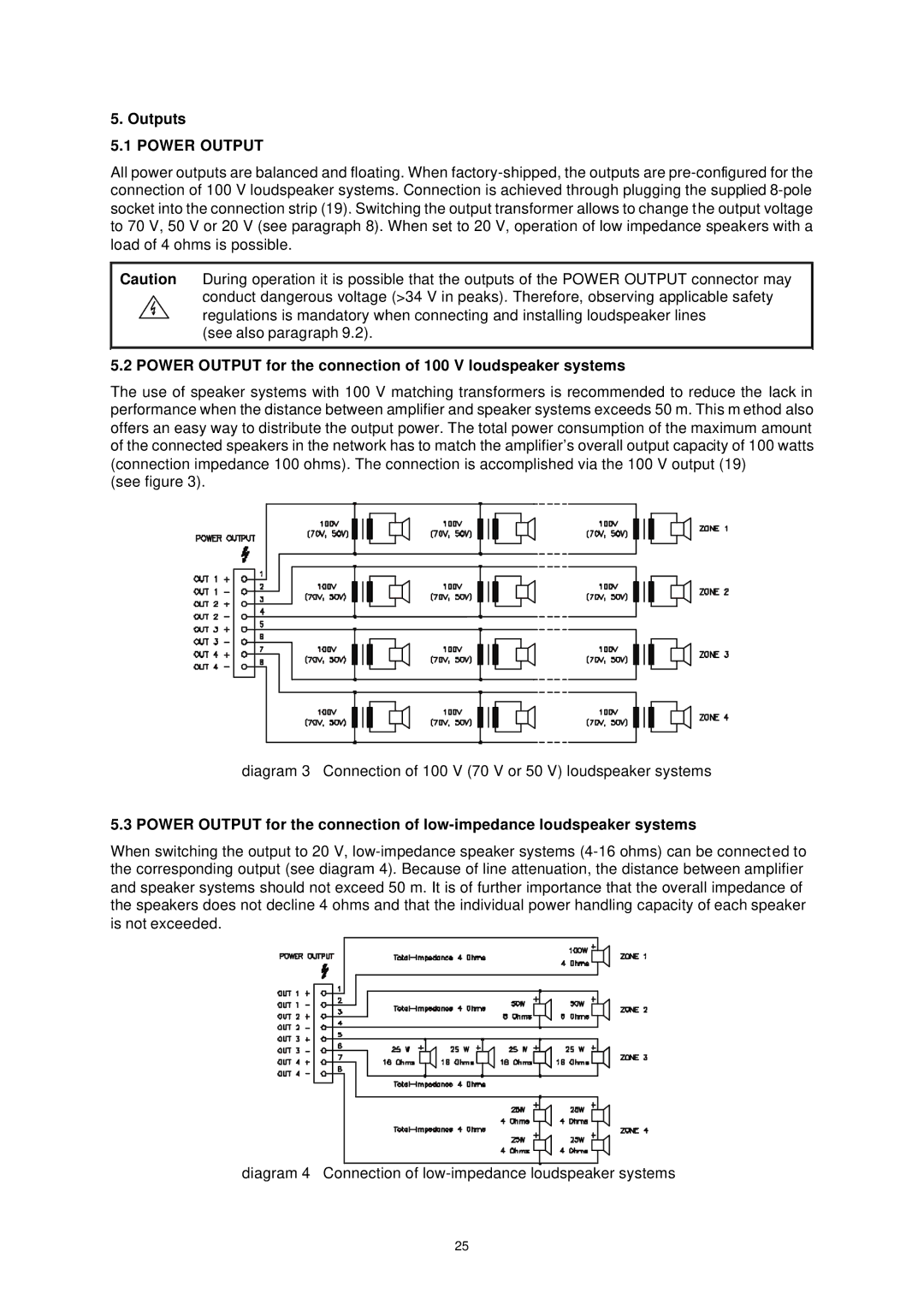 Dynacord DPA 4411 owner manual Outputs, Power Output for the connection of 100 V loudspeaker systems 