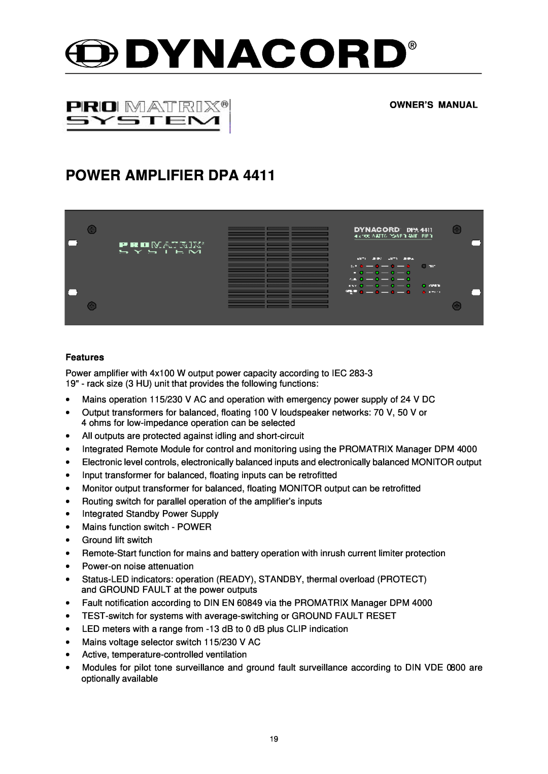 Dynacord DPA 4411 owner manual Power Amplifier Dpa, Features 