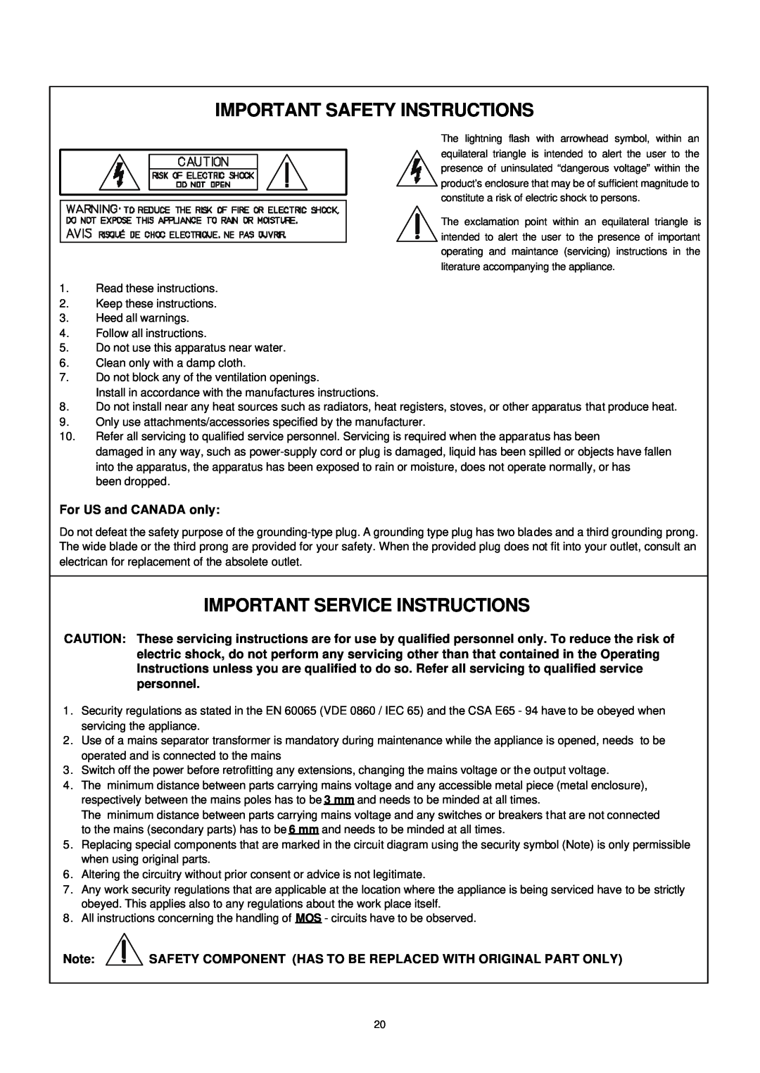 Dynacord DPA 4411 owner manual Important Safety Instructions, Important Service Instructions 