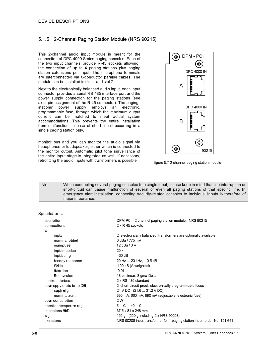 Dynacord DPM 4000 manual 5 2-Channel Paging Station Module NRS, Specifications 