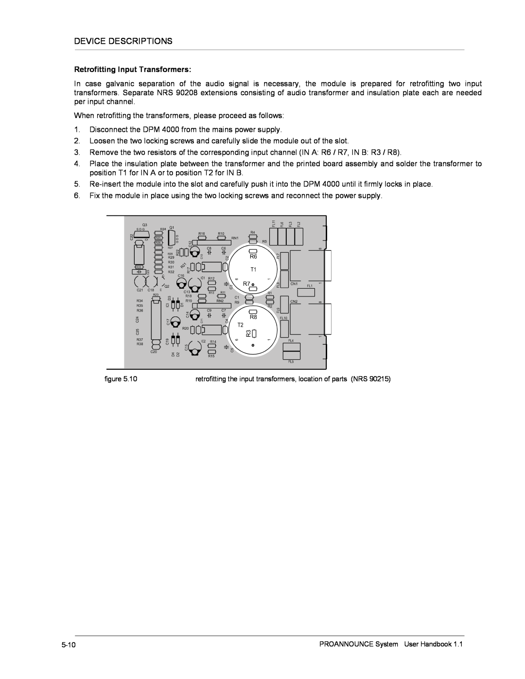 Dynacord DPM 4000 manual Retrofitting Input Transformers, PROANNOUNCE System User Handbook 