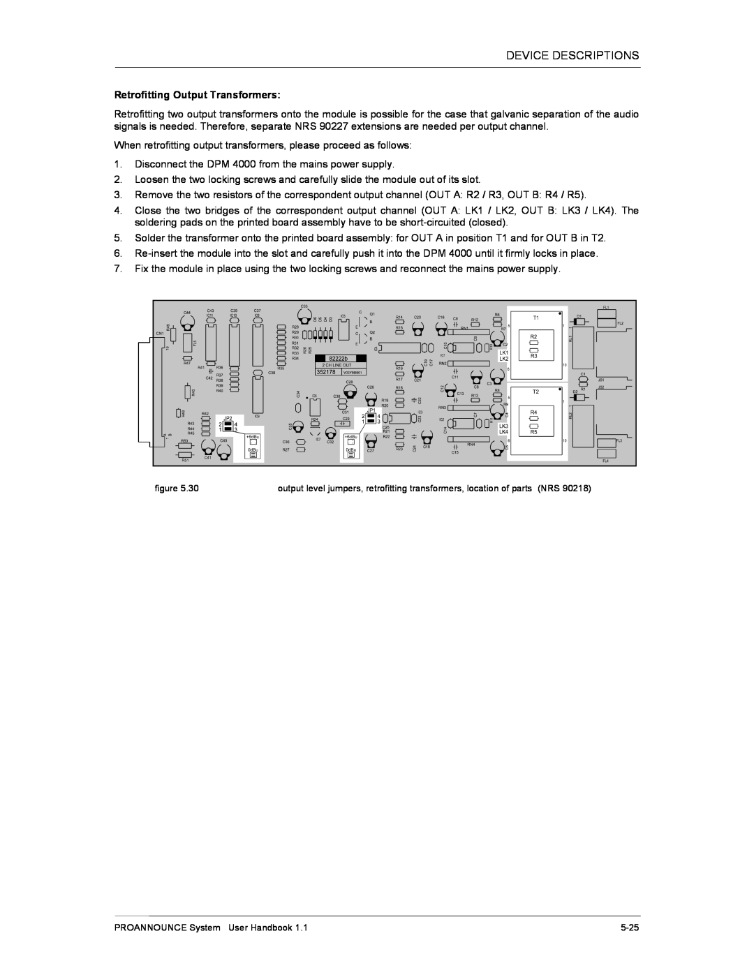 Dynacord DPM 4000 manual Retrofitting Output Transformers, PROANNOUNCE System User Handbook, 5-25 