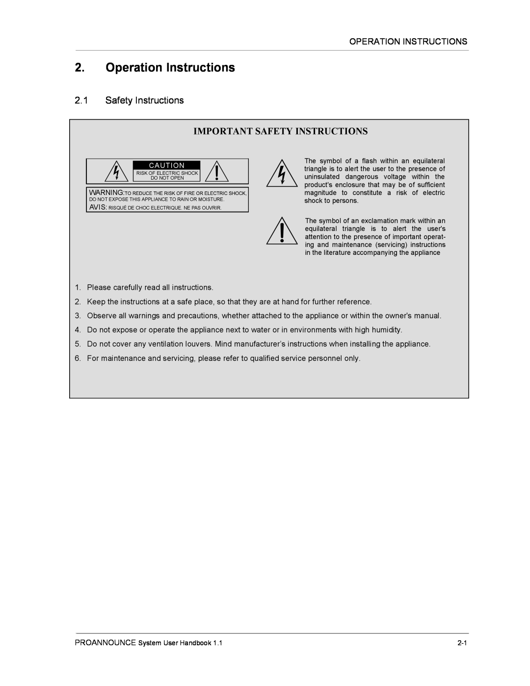 Dynacord DPM 4000 manual Operation Instructions, 2.1Safety Instructions, Important Safety Instructions 