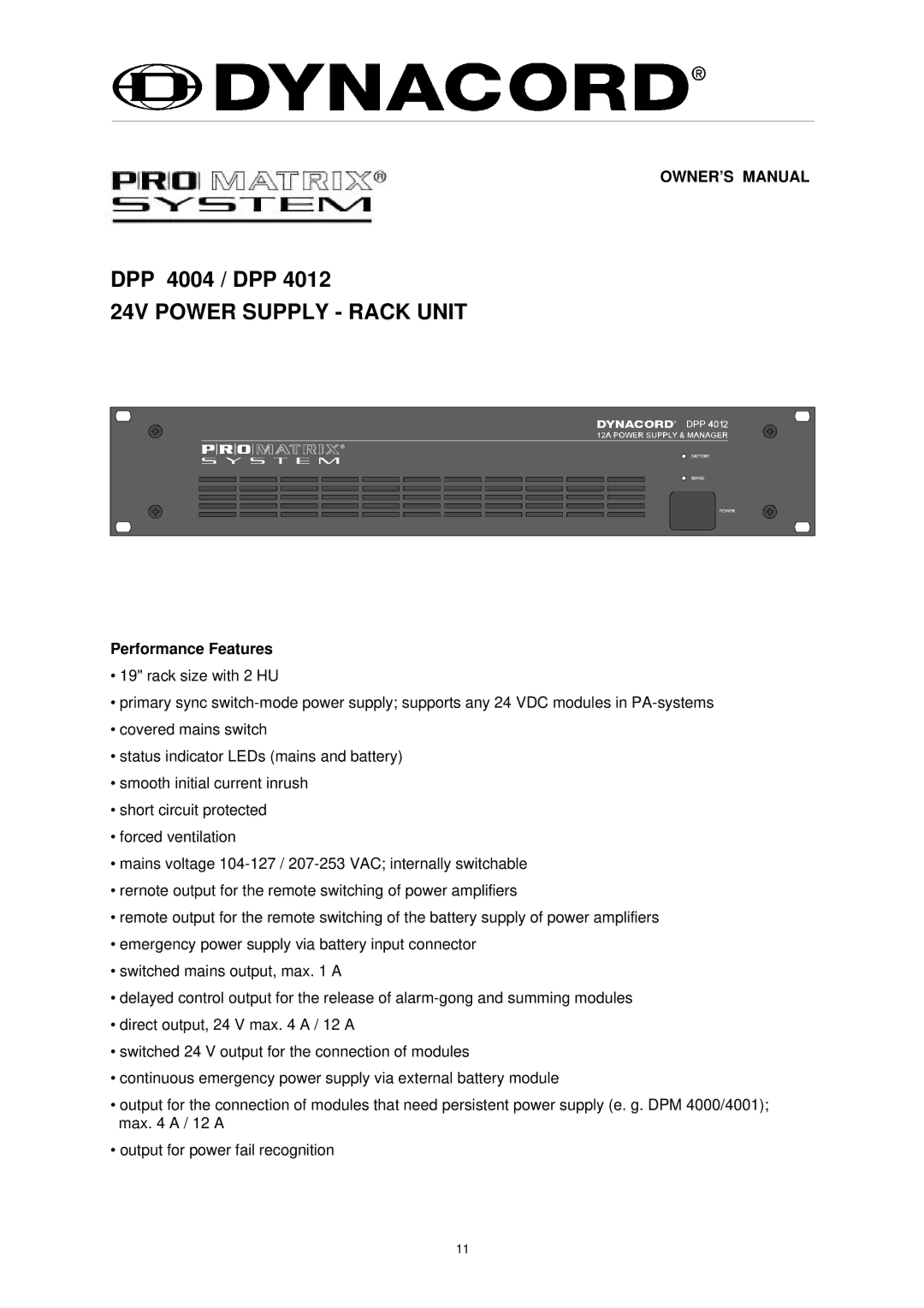 Dynacord DPP 4004, DPP 4012 owner manual 24V Power Supply Rack Unit, Performance Features 