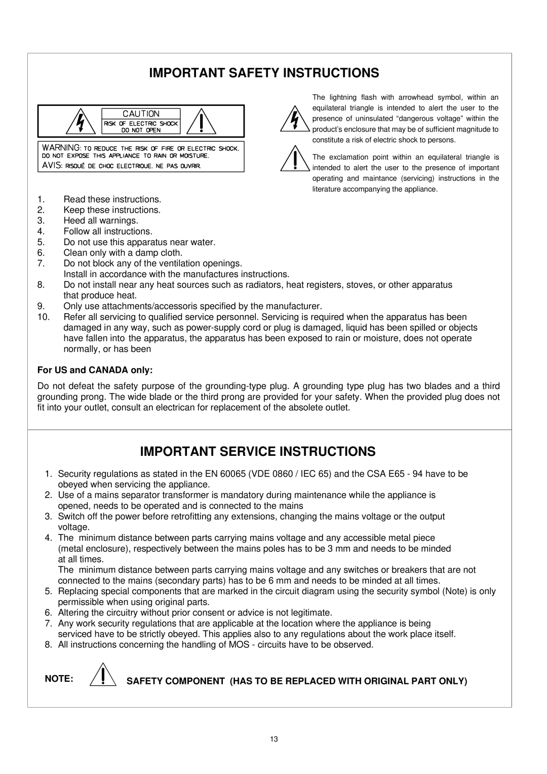 Dynacord DPP 4004, DPP 4012 owner manual Important Safety Instructions, For US and Canada only 