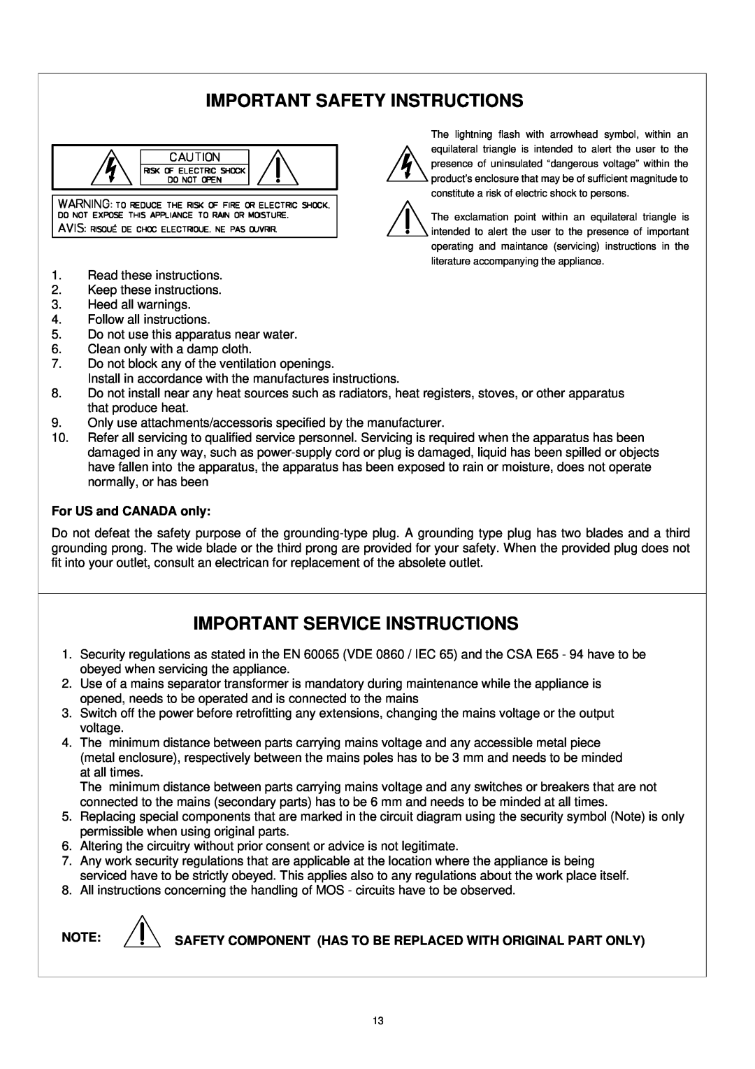 Dynacord DPP 4004, DPP 4012 Important Safety Instructions, Important Service Instructions, For US and CANADA only 