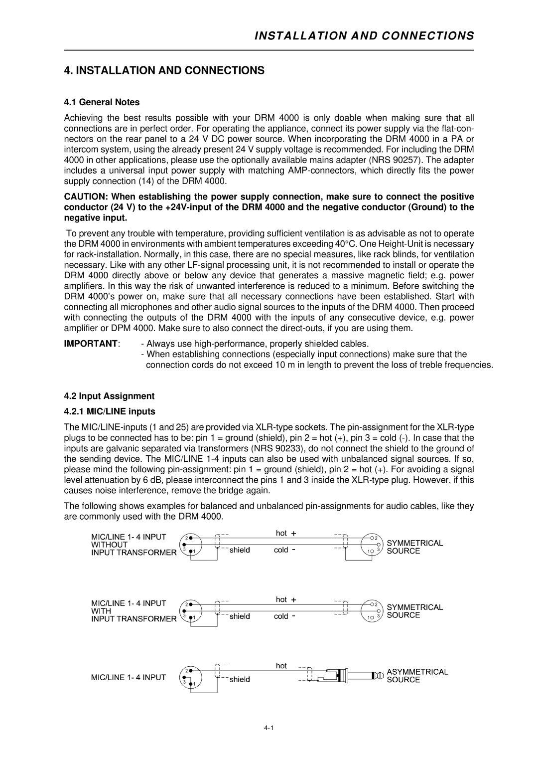 Dynacord DRM 4000 owner manual Installation and Connections, General Notes, Input Assignment 1 MIC/LINE inputs 