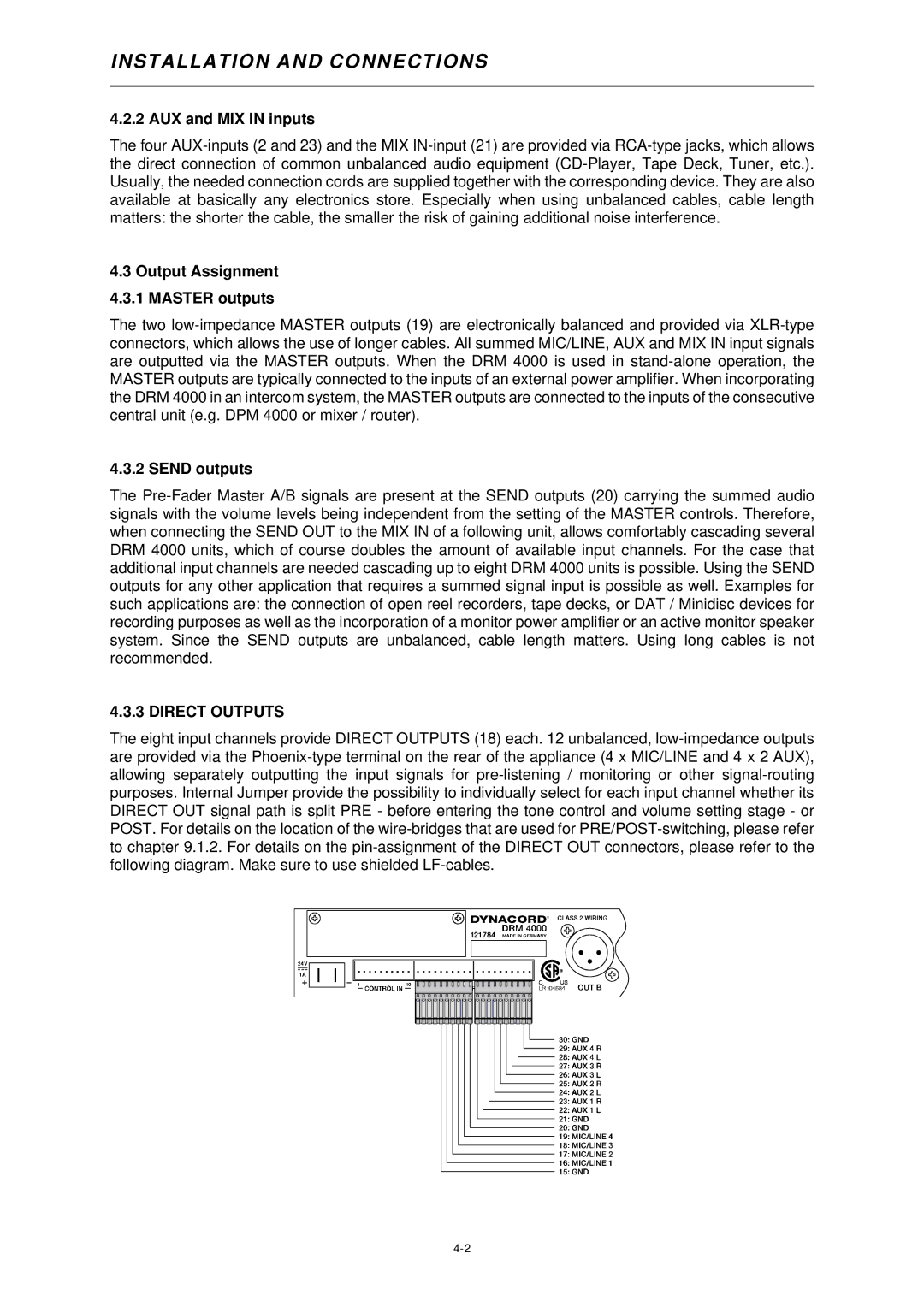 Dynacord DRM 4000 owner manual AUX and MIX in inputs, Output Assignment 4.3.1 Master outputs, Send outputs, Direct Outputs 