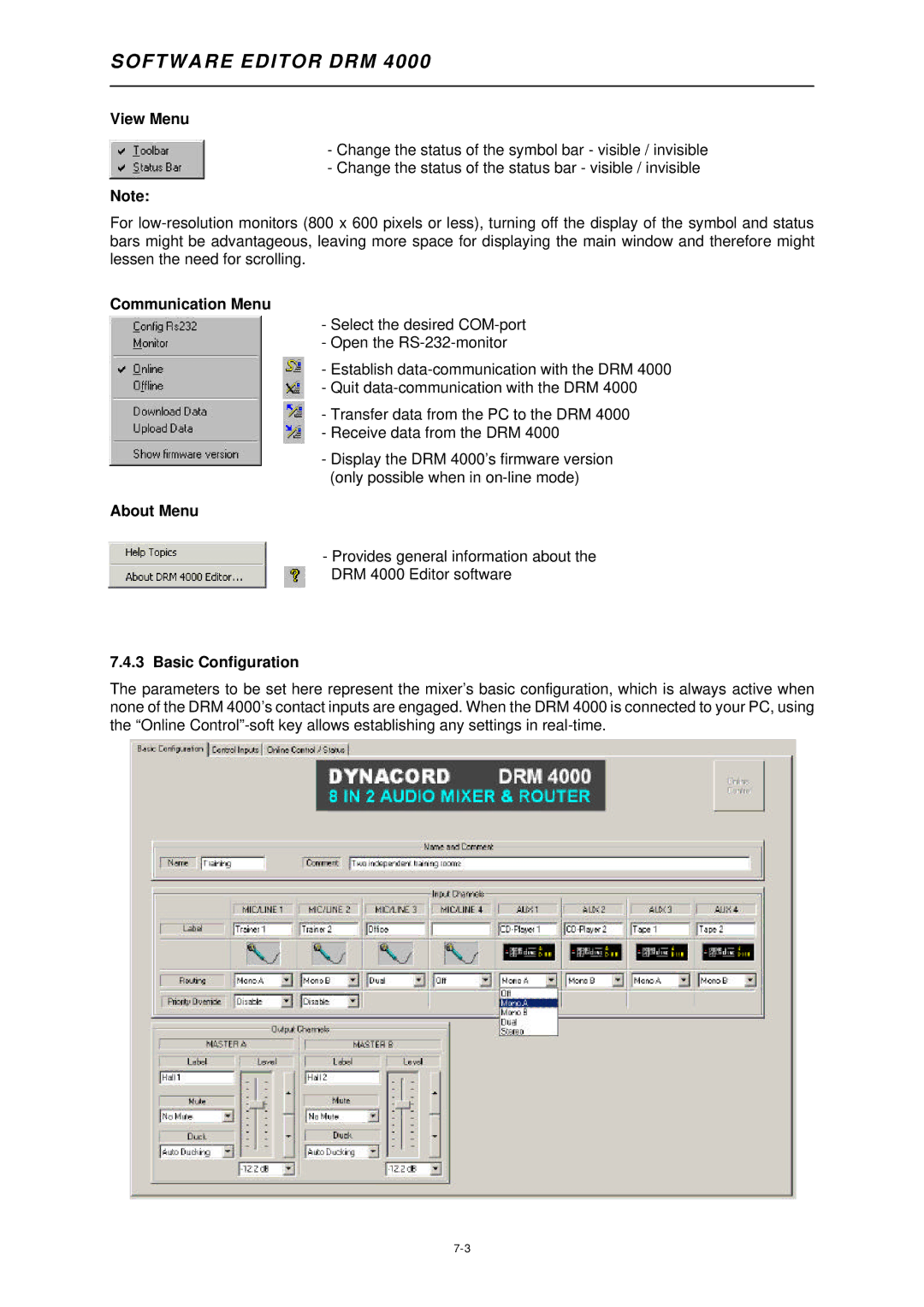 Dynacord DRM 4000 owner manual View Menu, Communication Menu, About Menu, Basic Configuration 